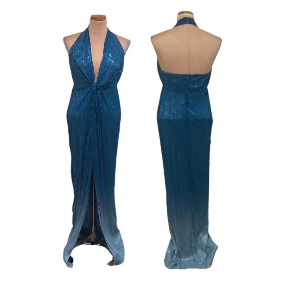 Badgley Mischka Blue Halter Maxi Dress